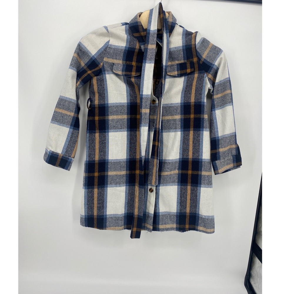 SHEIN Plaid Shacket Womens XL Navy Tan White Excellent Longline Belted Jacket